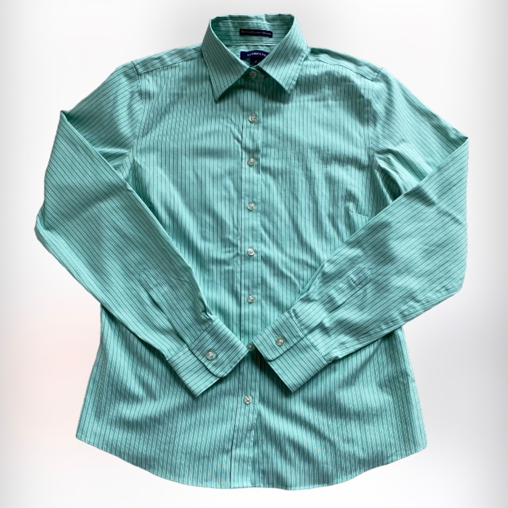 Lands’ End: Green & White Button Down Blouse